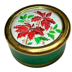 Vintage Chokin Poinsettia Christmas‎ trinket box 24K Gold Trim. Gold green Japan